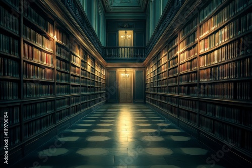 A grand, opulent library hallway, lined with towering bookshelves and softly glowing lamps, evokes a sense of timeless wisdom and wonder.