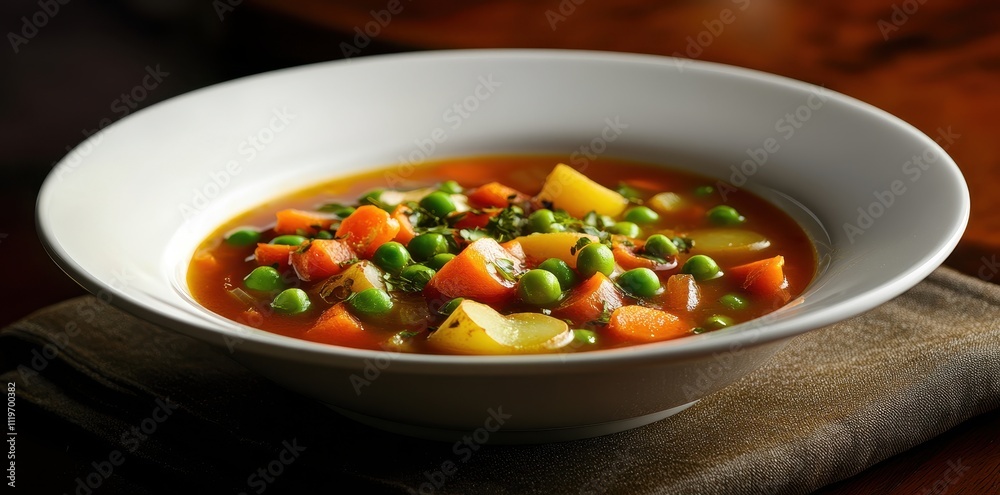 A bowl of colorful vegetable soup featuring peas, carrots, and potatoes in a savory broth. A bowl of colorful vegetable soup featuring peas, carrots, and potatoes in a savory broth.