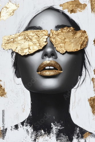 Close-up of a woman with gold lips, eyeshadow, and gold leaf on her face.