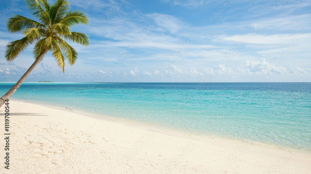 Tropical serenity beach scene with palm trees and white sand Tropical serenity beach scene with palm trees and white sand