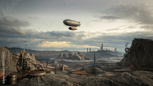 Airship flying over a city in a steampunk concept. photo