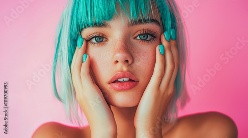 Beautiful caucasian teenager girl with turquoise hair and nails looking on camera with pink background - Diversity and young woman concept - Model by AI generative