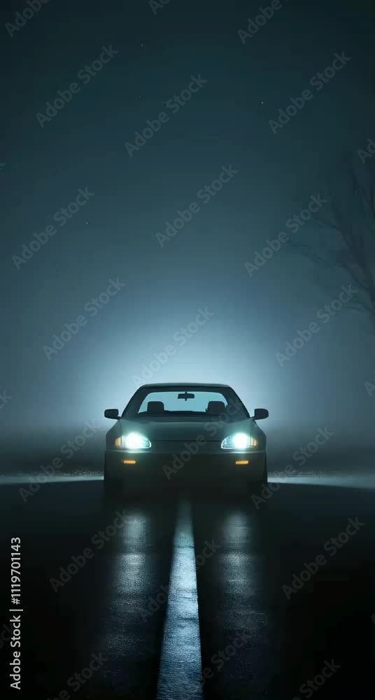 A hazy, dimly lit scene of a motionless car parked on the edge of a deserted road, its headlights casting an eerie glow into the darkness, illuminating the misty air
