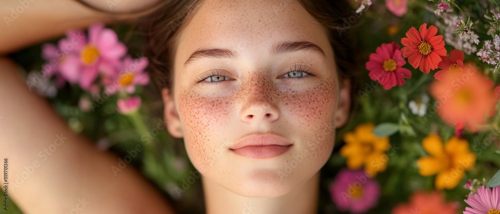 A serene portrait of a young woman surrounded by colorful flowers. A serene portrait of a young woman surrounded by colorful flowers.