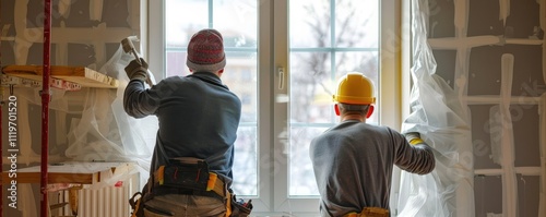 Construction workers installing large window framing, sunlight.