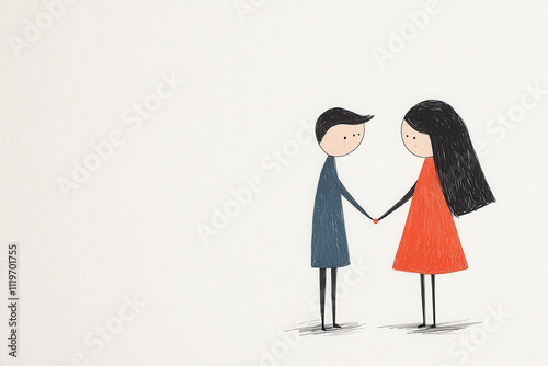 Minimalist hand-drawn illustration of a boy and girl holding hands, symbolizing love and connection on a white background