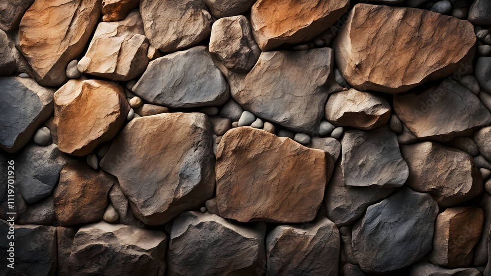 Rustic stone wall texture with varied sizes and shades of brown and gray stones. Rustic stone wall texture with varied sizes and shades of brown and gray stones.