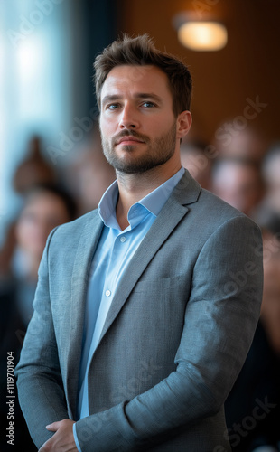 Businessman speaking at a conference, engaging the audience with a professional presentation photo