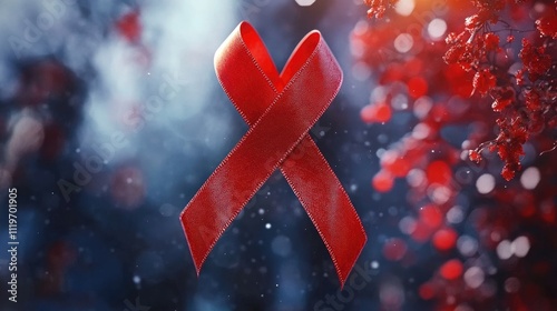 A vibrant red ribbon symbolizing awareness and solidarity against HIV/AIDS, set against a mystical, blurred background. photo