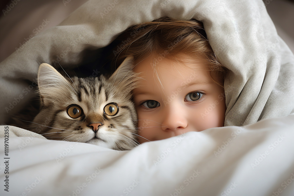 Generative AI portrait of happy adorable beautiful little child lying with cute cat indoors Generative AI portrait of happy adorable beautiful little child lying with cute cat indoors