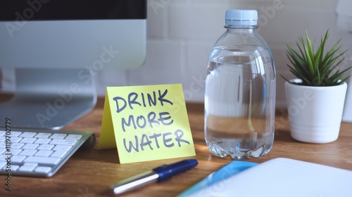 Note paper with the phrase ''Drink more water'' on a desk.