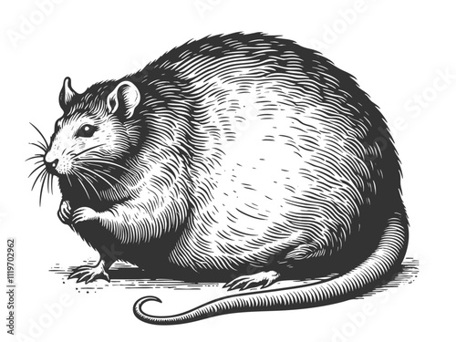 plump chubby rat, intricate linework and shading, showcasing a whimsical and humorous design sketch engraving generative ai vector illustration. Scratch board imitation. Black and white image
