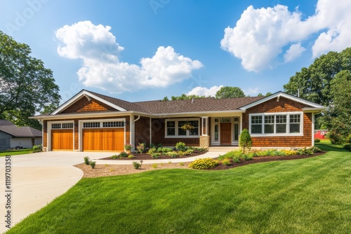 Single story ranch house craftsman style brown and tan exterior