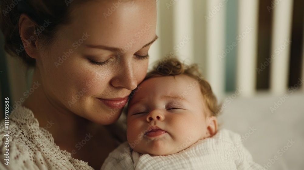 A tender moment between a mother and her sleeping baby, showcasing love and serenity in a cozy, intimate setting. A tender moment between a mother and her sleeping baby, showcasing love and serenity in a cozy, intimate setting.