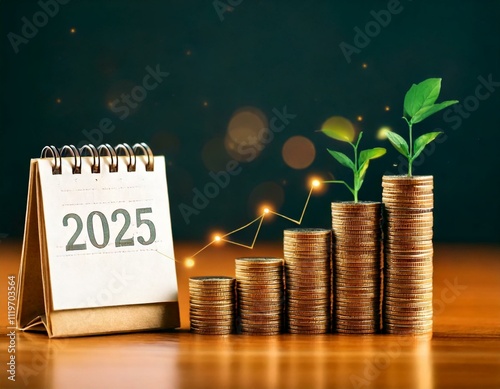 Calendar happy new year 2025 with graph and stack of growth coins. financial annual plan for save money, Budget, tax, investment, financial, savings, and New Year Resolution retirement concept photo