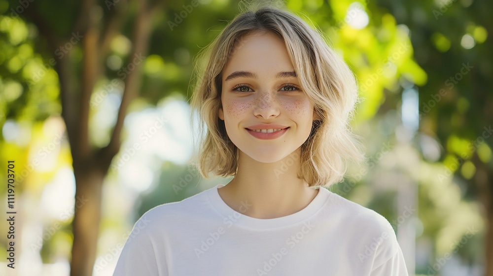 A smiling young woman stands outdoors among green trees. A smiling young woman stands outdoors among green trees.