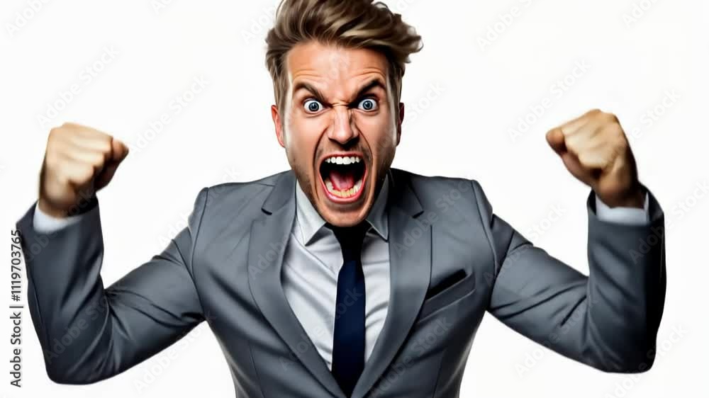 Happy Businessman Cheering Celebrating Success in Formal Suit, Isolated on Studio White Background Happy Businessman Cheering Celebrating Success in Formal Suit, Isolated on Studio White Background