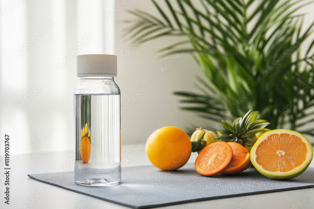 Reusable water bottle is placed on a yoga mat surrounded by fresh fruit, promoting the benefits of hydration and a healthy lifestyle