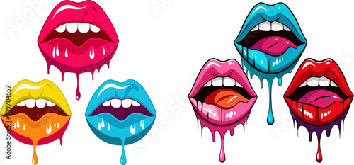 vector illustration of six expressions of female lips with lipstick kisses and white teeth, arranged in two rows. The top row includes lips with a slight smile and lips showing their teeth. 