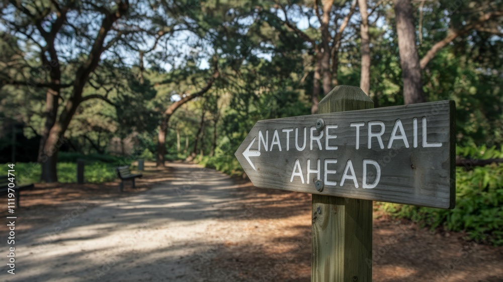 Wooden sign with phrase ''Nature Trail Ahead'', forest trail in the background. Wooden sign with phrase ''Nature Trail Ahead'', forest trail in the background.