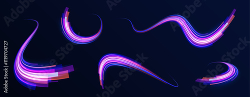 Acceleration speed motion on night road. Colorful Light Trails, Long Time Exposure Motion Blur Effect. Abstract fire flare trace lens flares acceleration speed motion on night road. 