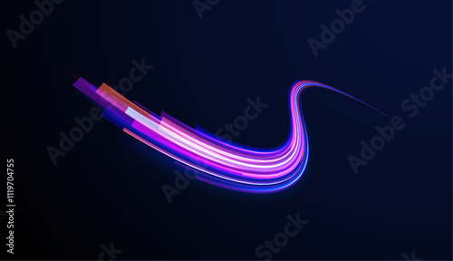 Acceleration speed motion on night road. Colorful Light Trails, Long Time Exposure Motion Blur Effect. Abstract fire flare trace lens flares acceleration speed motion on night road. 
