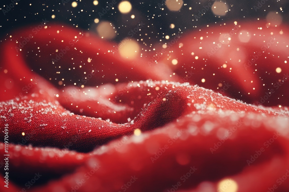 Textured Red Fabric Surface with Soft Focus, Glittering Snowflakes and Bokeh Effect Creating a Warm Winter Atmosphere for Holiday Decoration and Cozy Vibes