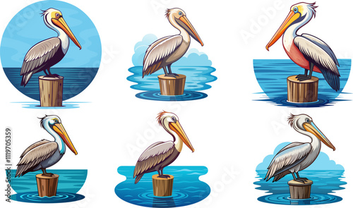 Simple vector illustration of pelicans in various poses, featuring multiple styles of the pelican bird sitting on a pier post with a transparent background.