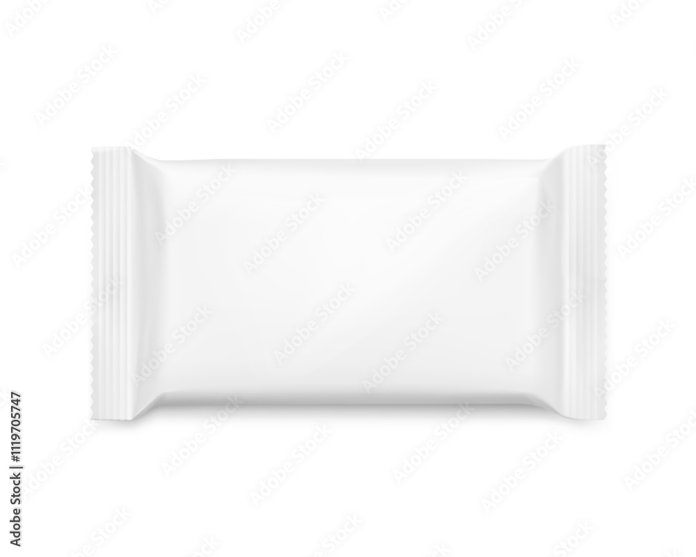Realistic flow packaging mockup for bars, candies, waffles. Front side. Vector illustration on white background. Easy to use for presentation your product, idea, design. EPS10. Realistic flow packaging mockup for bars, candies, waffles. Front side. Vector illustration on white background. Easy to use for presentation your product, idea, design. EPS10.