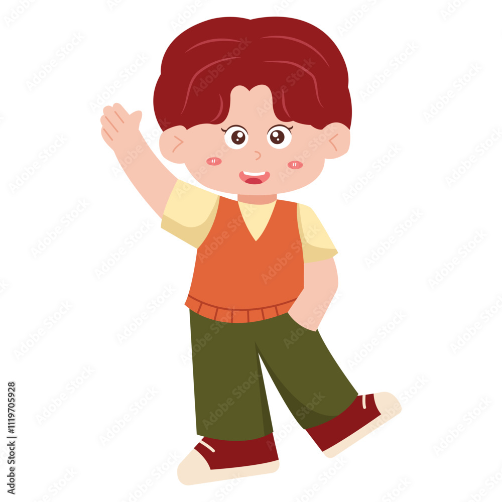cute korean style. Cheerful Cartoon Boy Waving cute korean style. Cheerful Cartoon Boy Waving