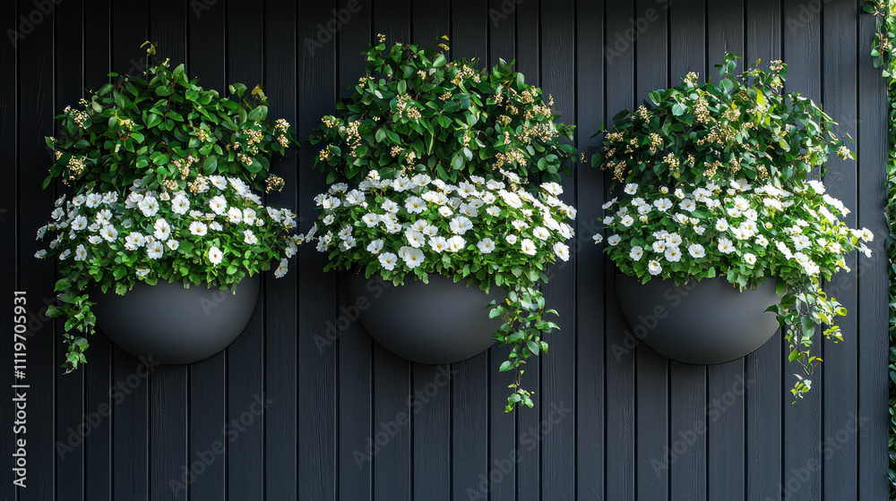 Lush green plants and white flowers in large circular planters mounted on black wall create stunning visual display. This arrangement adds vibrant touch to any space Lush green plants and white flowers in large circular planters mounted on black wall create stunning visual display. This arrangement adds vibrant touch to any space