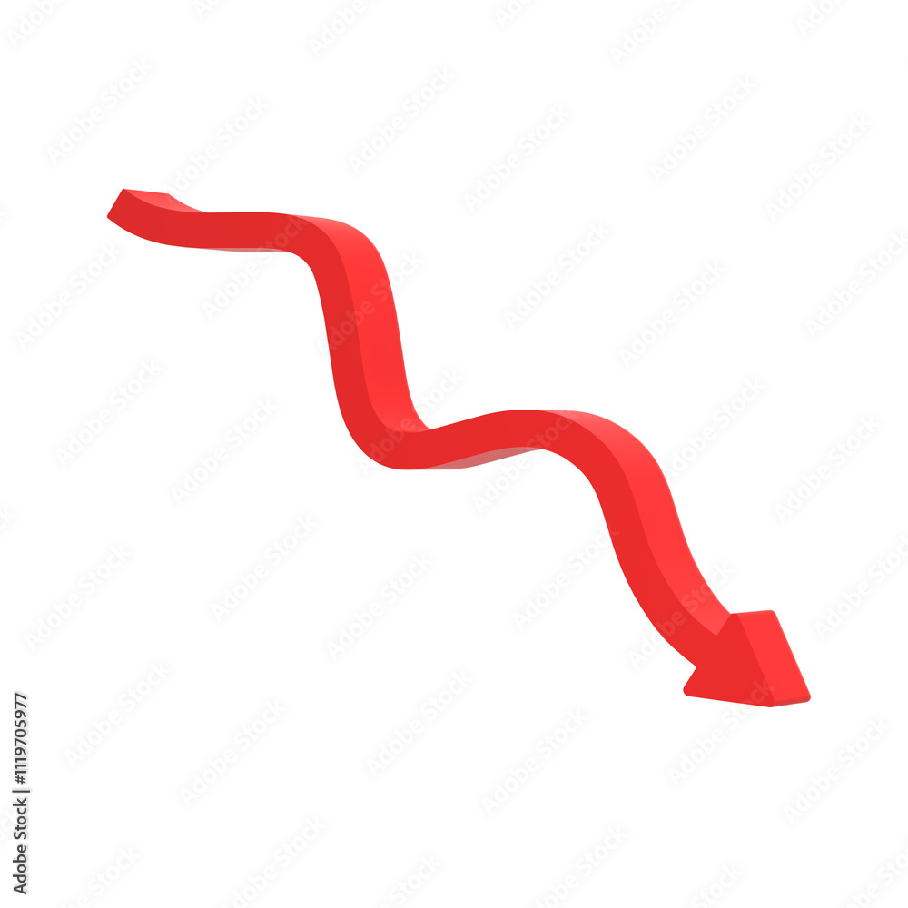 Red arrow pointing down. Graph. Isolated. Transparent background. Crash. Loss. 3d illustration. Red arrow pointing down. Graph. Isolated. Transparent background. Crash. Loss. 3d illustration.