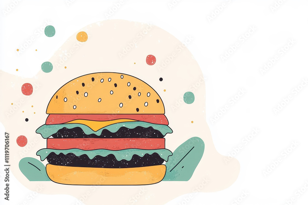Playful burger illustration with lettuce, tomato, and cheese on whimsical off-white background, fun food art Playful burger illustration with lettuce, tomato, and cheese on whimsical off-white background, fun food art