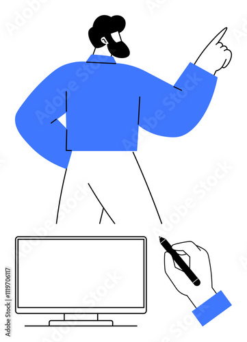 Man pointing forward, desktop monitor and stylus showing digital engagement. Ideal for technology, design, creativity, digital art, user interface, innovation and communication. Line metaphor
