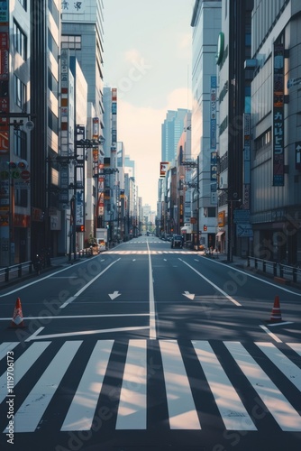 a simple empty street in Tokyo seen from above, there is no cars on the road and it has white stripes with crosswalks