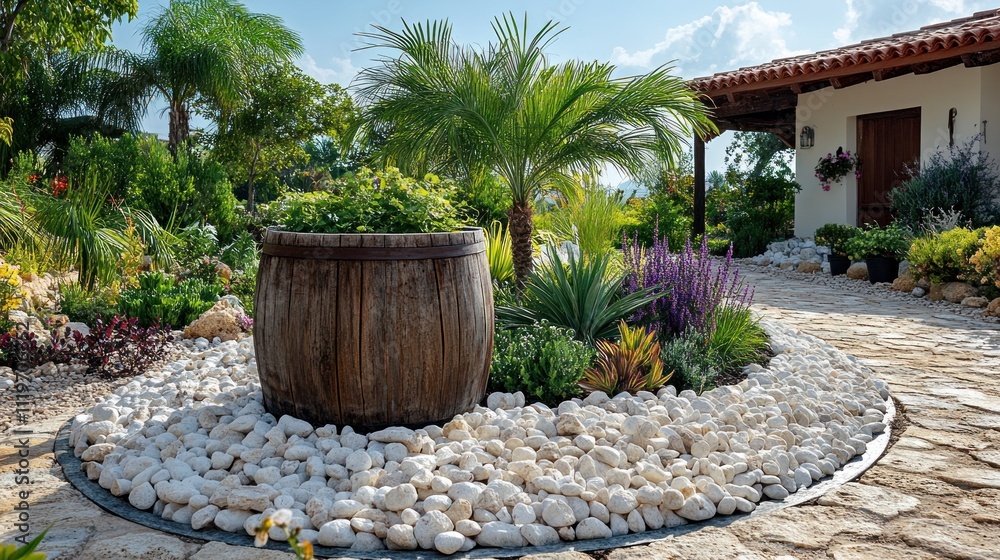 Naklejka premium Mediterranean garden design with a wooden barrel planter, white pebbles, and diverse plants.