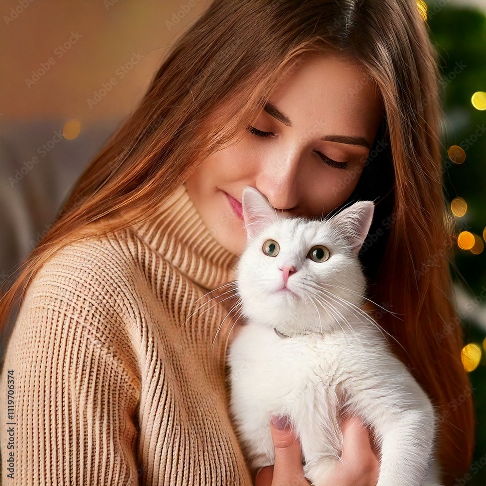 猫と綺麗な私服の女性 猫と綺麗な私服の女性