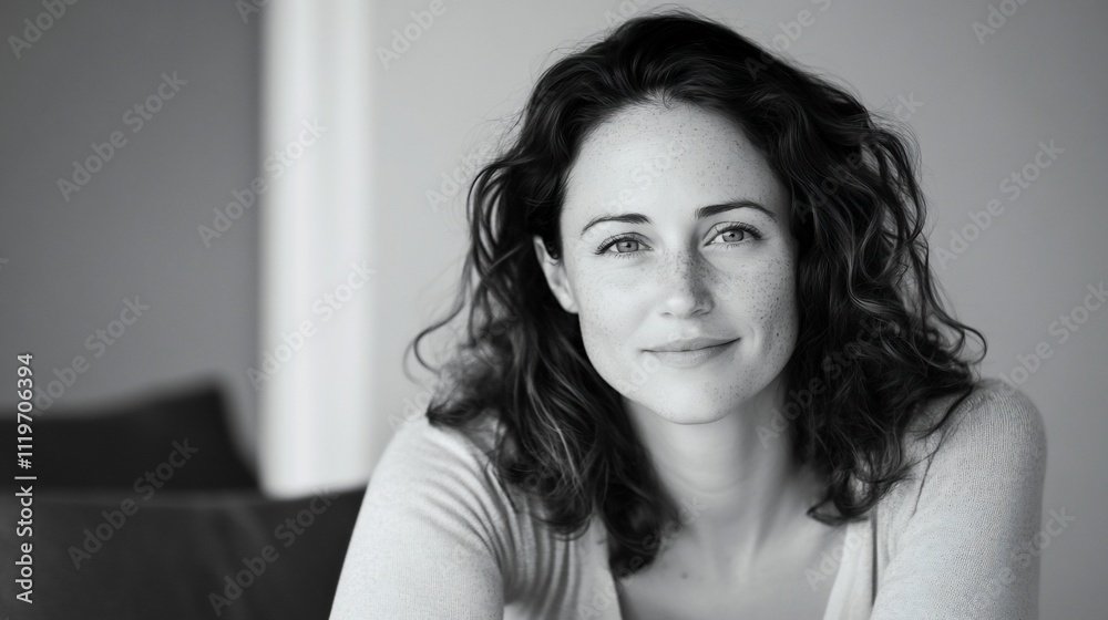 A woman with curly hair smiles warmly in a monochrome setting. A woman with curly hair smiles warmly in a monochrome setting.