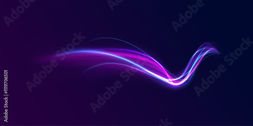 f`Light arc in neon colors, in the form of a turn. Creative vector illustration of flying cosmic meteor, planetoid, comet, fireball isolated on transparent background. Effect, png, wave,neon,line.