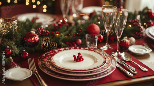 a table set for a christmas dinner with a plate and glasses on it.