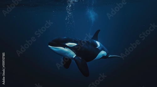 A single orca swimming in the deep blue ocean at night time