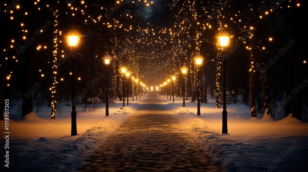 Snowy path with illuminated trees and lamps at night. Snowy path with illuminated trees and lamps at night.