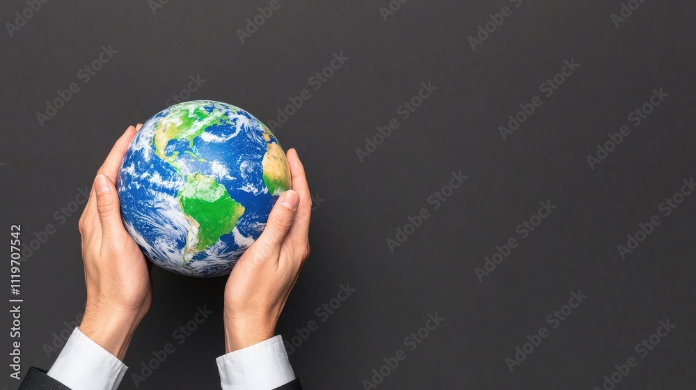 A person holds a globe, symbolizing global awareness and environmental responsibility on a dark background. A person holds a globe, symbolizing global awareness and environmental responsibility on a dark background.