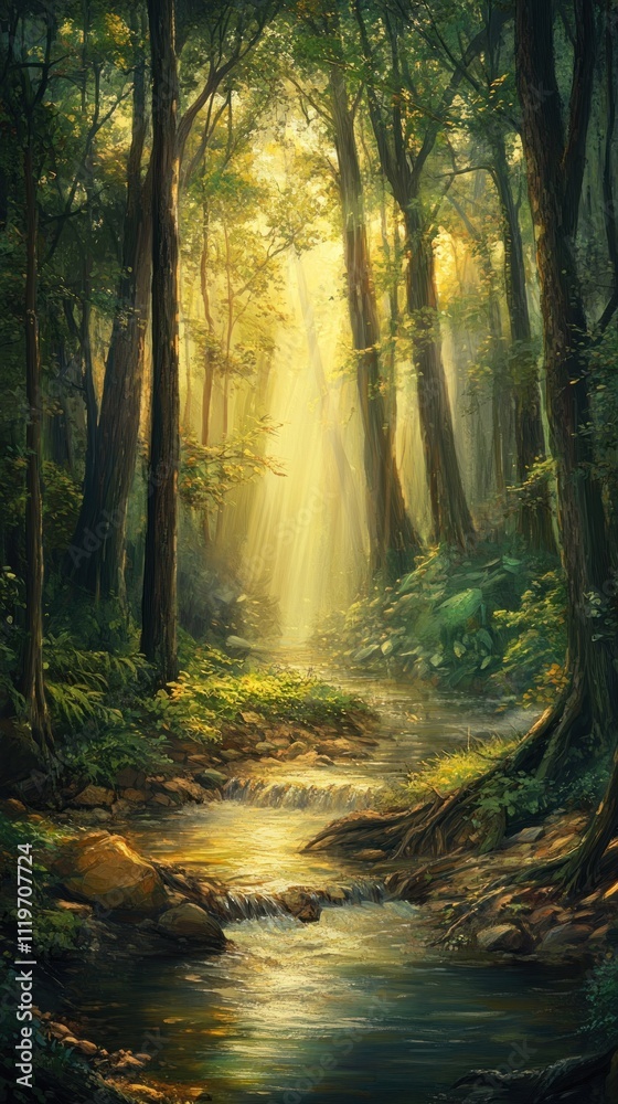 Obraz premium Sunlit Forest Stream A Peaceful Woodland Scene