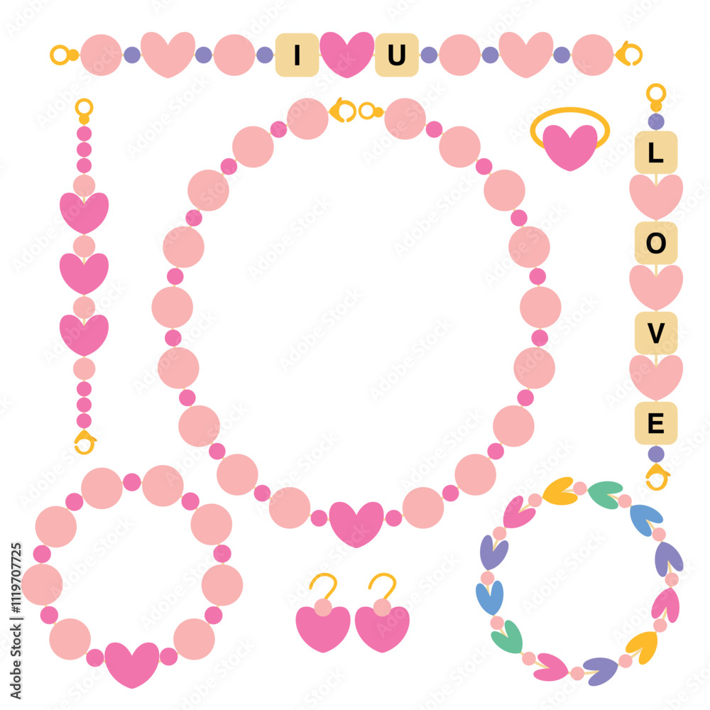 Love set with funky necklace, bracelets and earrings flat vector