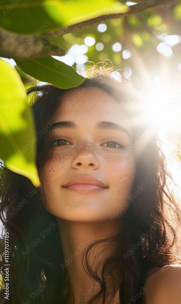 A young woman smiling softly amidst green foliage and sunlight. A young woman smiling softly amidst green foliage and sunlight.