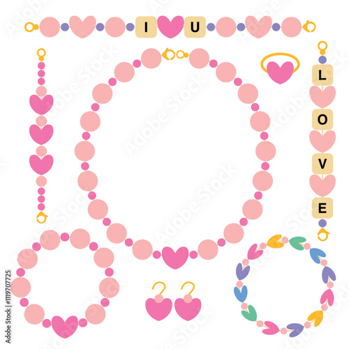 Love set with funky necklace, bracelets and earrings flat vector