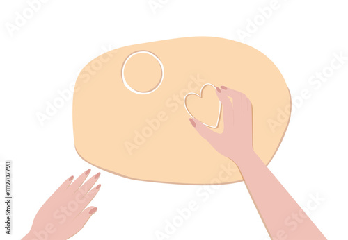 Hands making Christmas cookies with cookie cutter heart and circle shape top view vector illustration