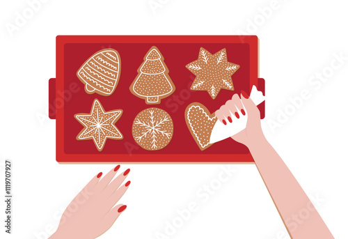 Woman hands decorating gingerbread cookies with sugar glaze flat vector illustration. Woman making Christmas gingerbread cookies top view on white background