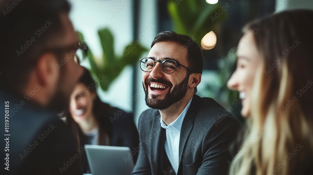 A man in a suit laughs with colleagues at an office meeting. A man in a suit laughs with colleagues at an office meeting.